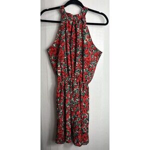 Women’s Yoins Sleeveless Halter Red Floral Print Elastic Waist Dress Size Small